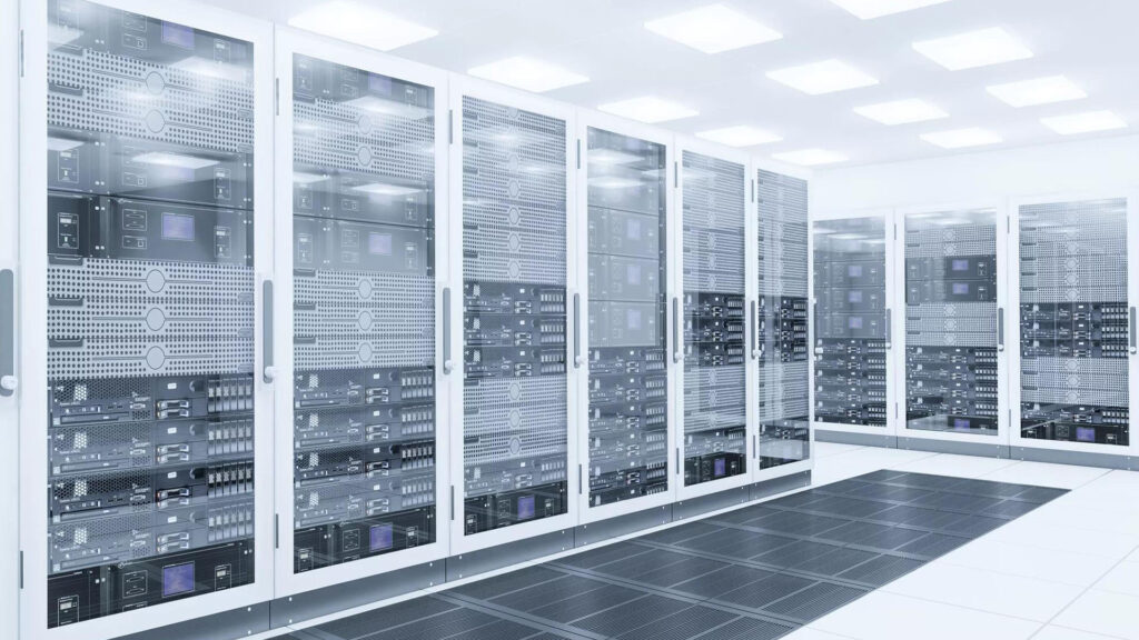 Inside the Cloud Hyperscale Server Hall – Tumisang Bogwasi Bright white data-center room with rows of glass-door server racks on a raised, vented floor under evenly spaced ceiling lights.