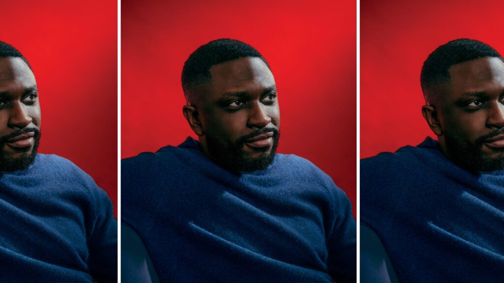 Campus FounderTade Oyerinde – Tumisang Bogwasi Triptych showing Tade Oyerinde in a blue sweater on a bright red studio background, seated and looking slightly off-camera.