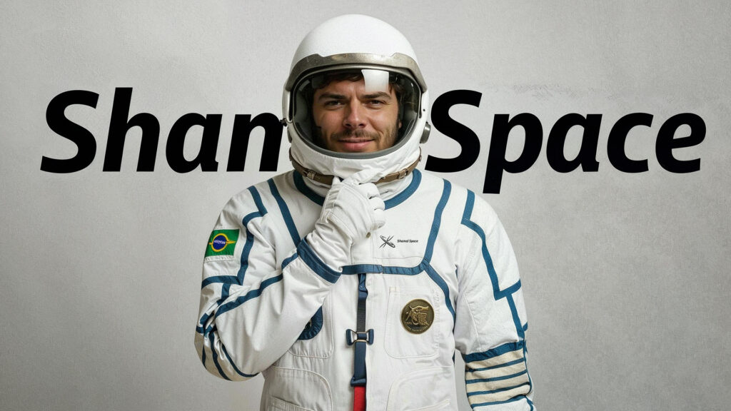 Gilberto Damasceno Jr – Founder of Shamal Space – Tumisang Bogwasi Gilberto Damasceno Jr. wearing a space suit in front of the Shamal Space logo
