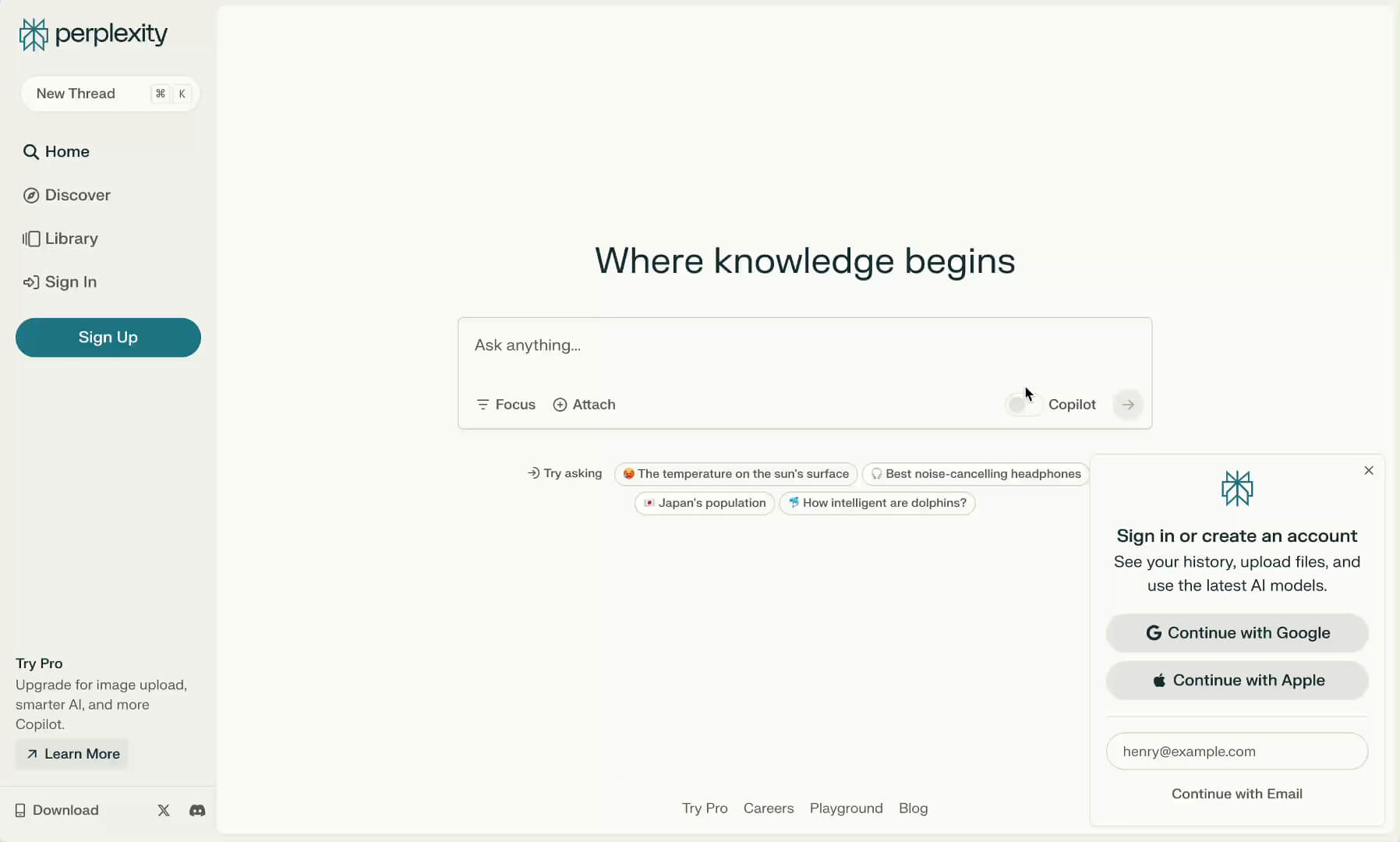 Perplexity AI Home Page – Where Knowledge Begins – Tumisang Bogwasi Screenshot of the Perplexity AI homepage showing the search bar, Copilot toggle, and prompt suggestions like “How intelligent are dolphins?” and “Japan’s population.”