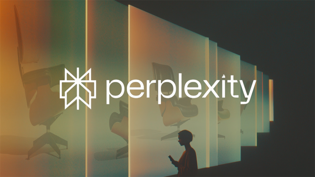 Perplexity AI — Reframing the Future of Search – Tumisang Bogwasi Perplexity AI logo displayed over a stylized background of modern chairs and a silhouetted person holding a phone.