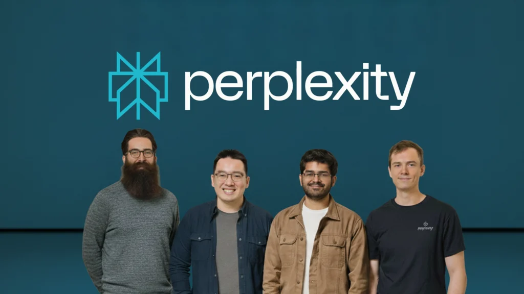 The Disruptors Behind Perplexity – Tumisang Bogwasi Perplexity AI founders standing together in front of a blue backdrop with the company logo, representing a new wave of search technology challenging traditional engines.