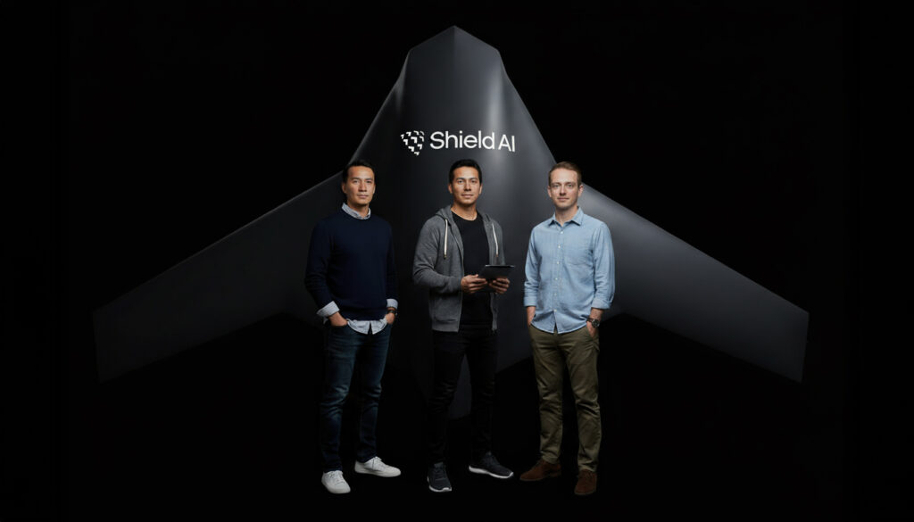The Founders Behind Shield AI’s Autonomous Air Dominance – Tumisang Bogwasi Founders of Shield AI standing in front of a dark aircraft silhouette with the Shield AI logo: Brandon Tseng, Ryan Tseng (center), and Andrew Reiter.