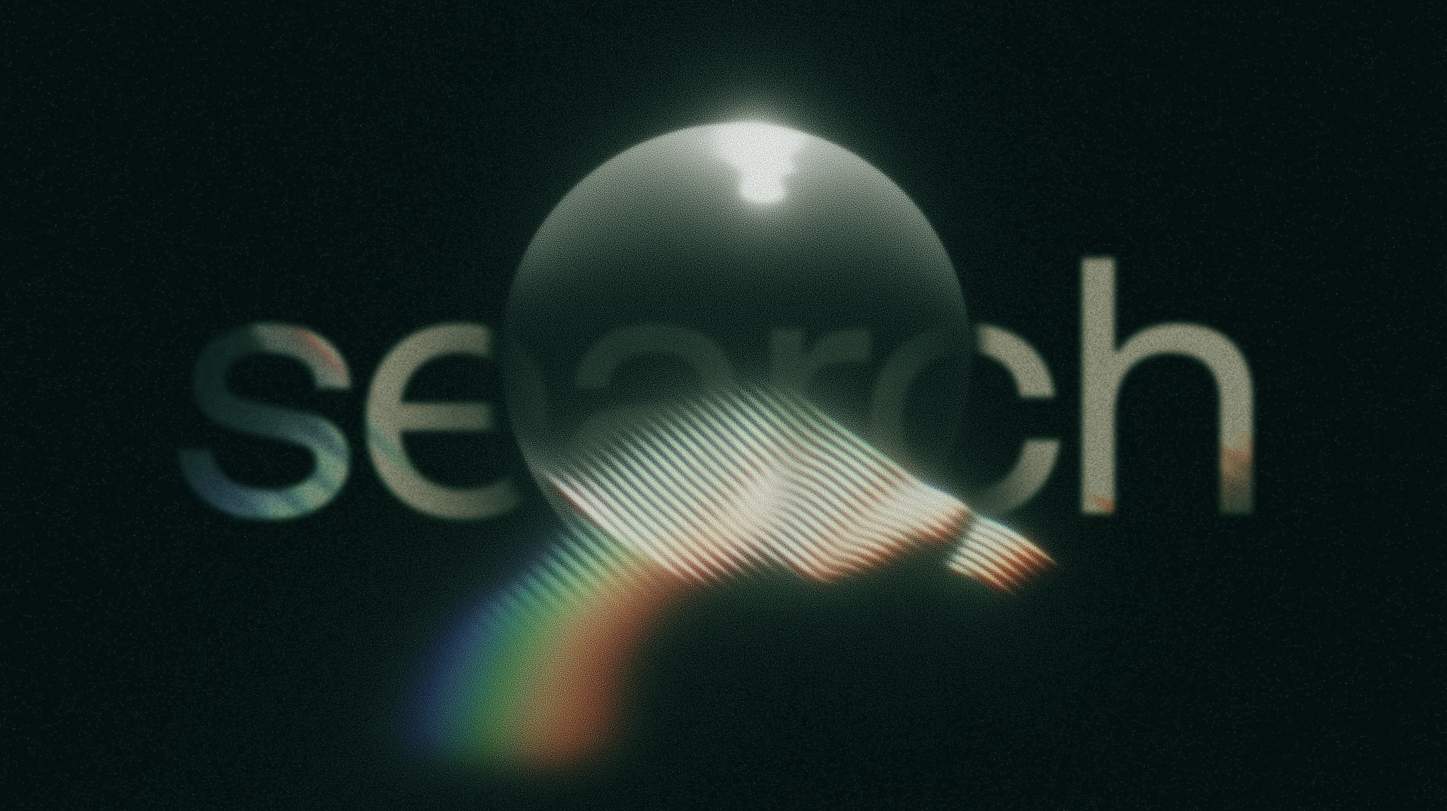 The Future of Search – Tumisang Bogwasi Abstract image showing the word “search” partially obscured by a glowing sphere and refracted rainbow light, symbolizing AI-powered discovery.