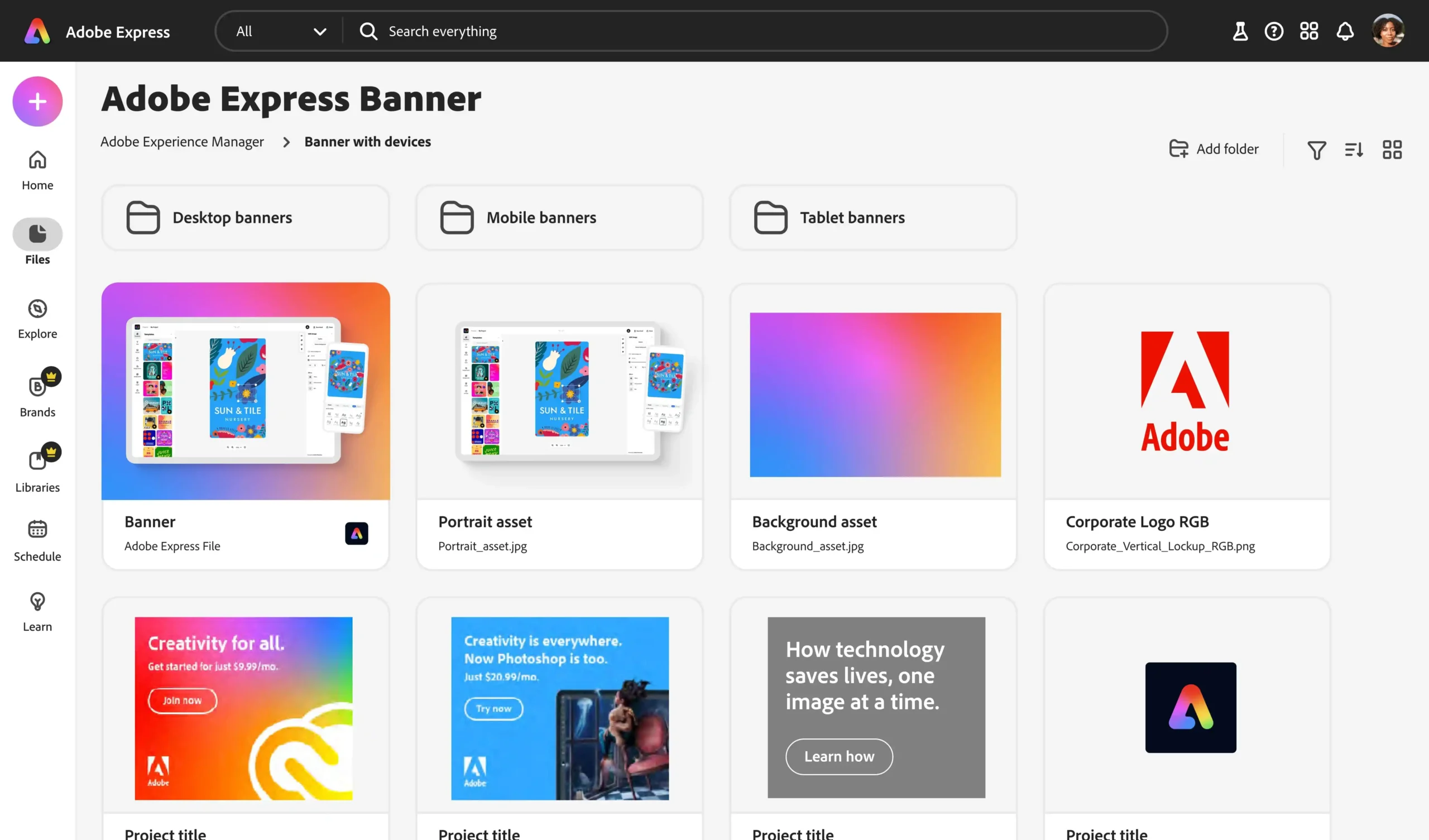 Adobe Express Banner Dashboard Interface – Tumisang Bogwasi Screenshot of the Adobe Express Banner dashboard showing templates, assets, and project files for creating digital banners.