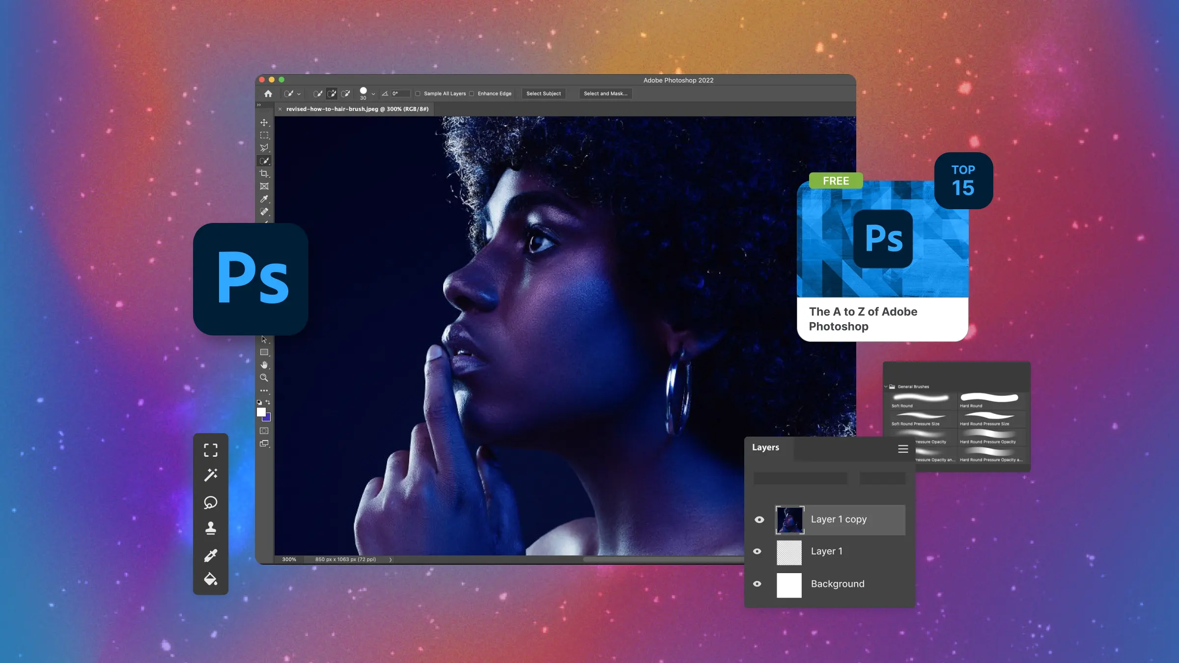 Adobe Photoshop Interface in Creative Workflow – Tumisang Bogwasi Screenshot of Adobe Photoshop showing a portrait editing workspace with tool panels, layer controls, and course thumbnails on a colorful gradient background.