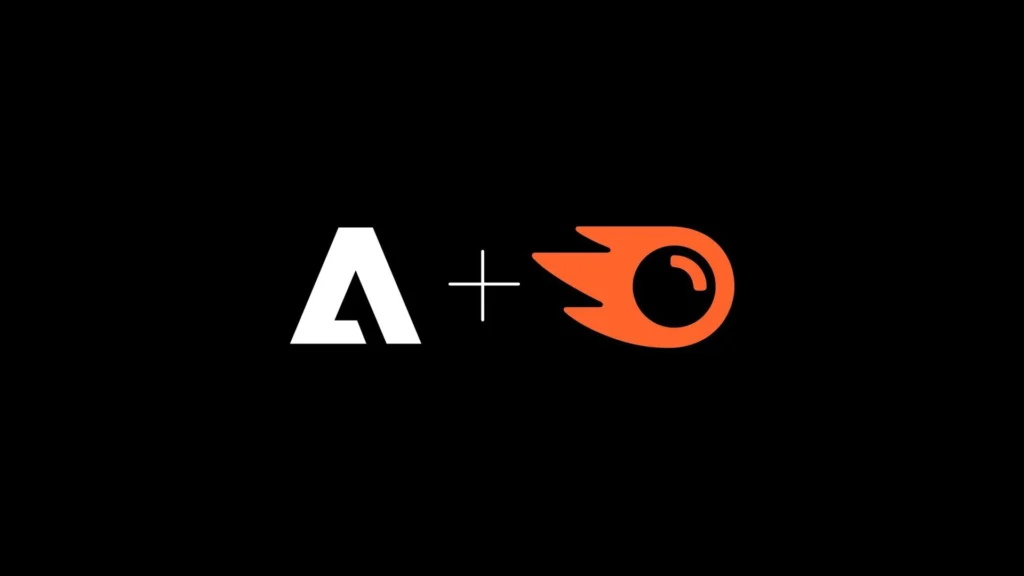 Adobe + Semrush A New Era in Creative and Marketing Integration – Tumisang Bogwasi Adobe logo and Semrush logo displayed side by side on a black background with a plus sign between them.