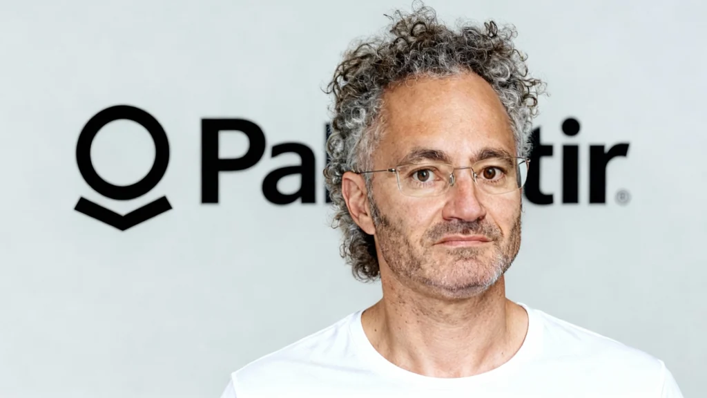 Alex Karp – CEO of Palantir Technologies – Tumisang Bogwasi Alex Karp wearing glasses and a white shirt standing in front of the Palantir logo
