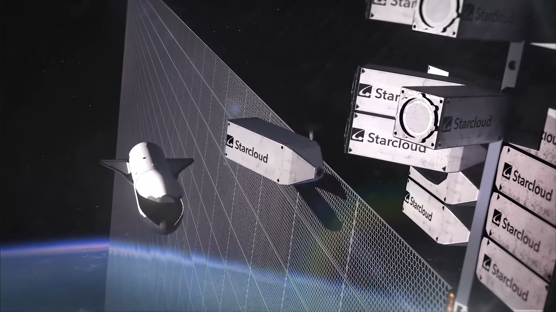 StarCloud Modules Assembling a Space-Based Data Center – Tumisang Bogwasi Illustration of modular StarCloud data center components assembling in space near a mesh solar array, with Earth in the background.