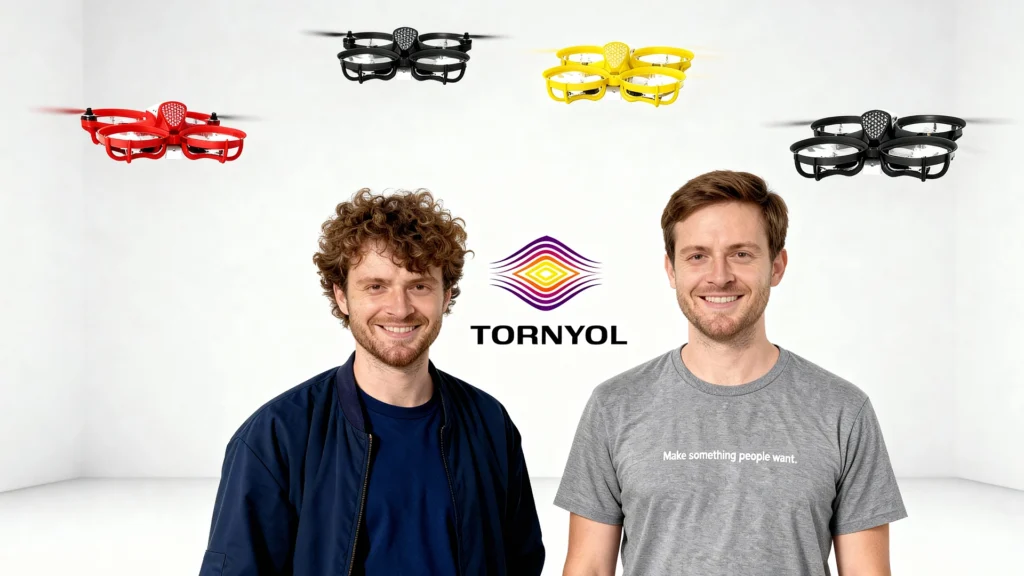 Tornyol Founders Clovis Piedallu and Alex Toussaint – Precision Drones Against Mosquitoes – Tumisang Bogwasi Tornyol founders Clovis Piedallu and Alex Toussaint with flying mosquito-killing micro-drones and company logo in the background