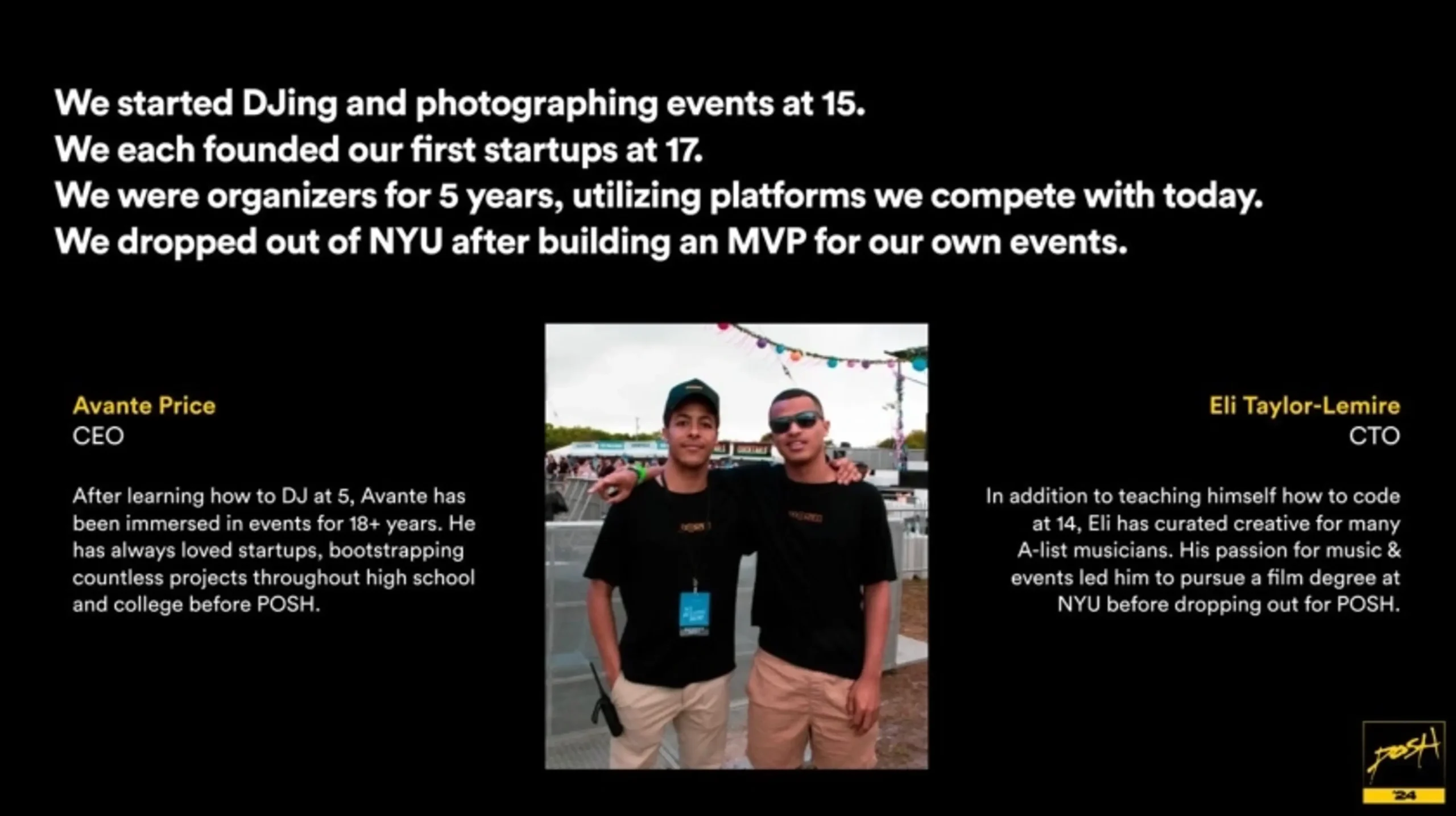 Two young POSH founders standing together at an outdoor event, surrounded by text describing their background and entrepreneurial journey.