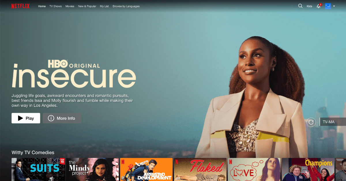 Netflix-syndicates-HBO-programming – Tumisang Bogwasi Netflix homepage featuring HBO’s Insecure with Issa Rae smiling against a blue sky background.