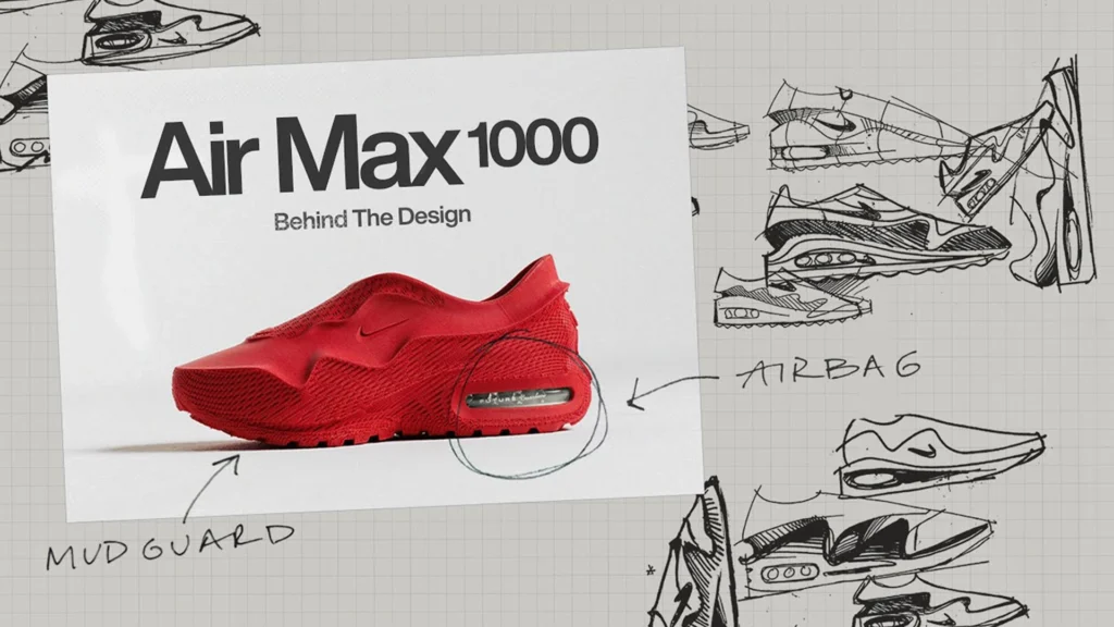 Graphic showing the Nike Air Max 1000 in red with hand-drawn sneaker sketches and labeled design notes in the background.