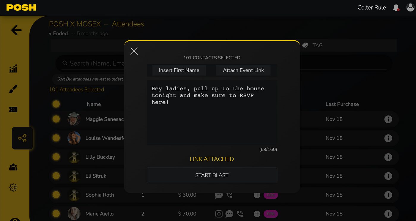 Screenshot of POSH's attendee messaging feature showing a message blast window with selected contacts and event link attachment.