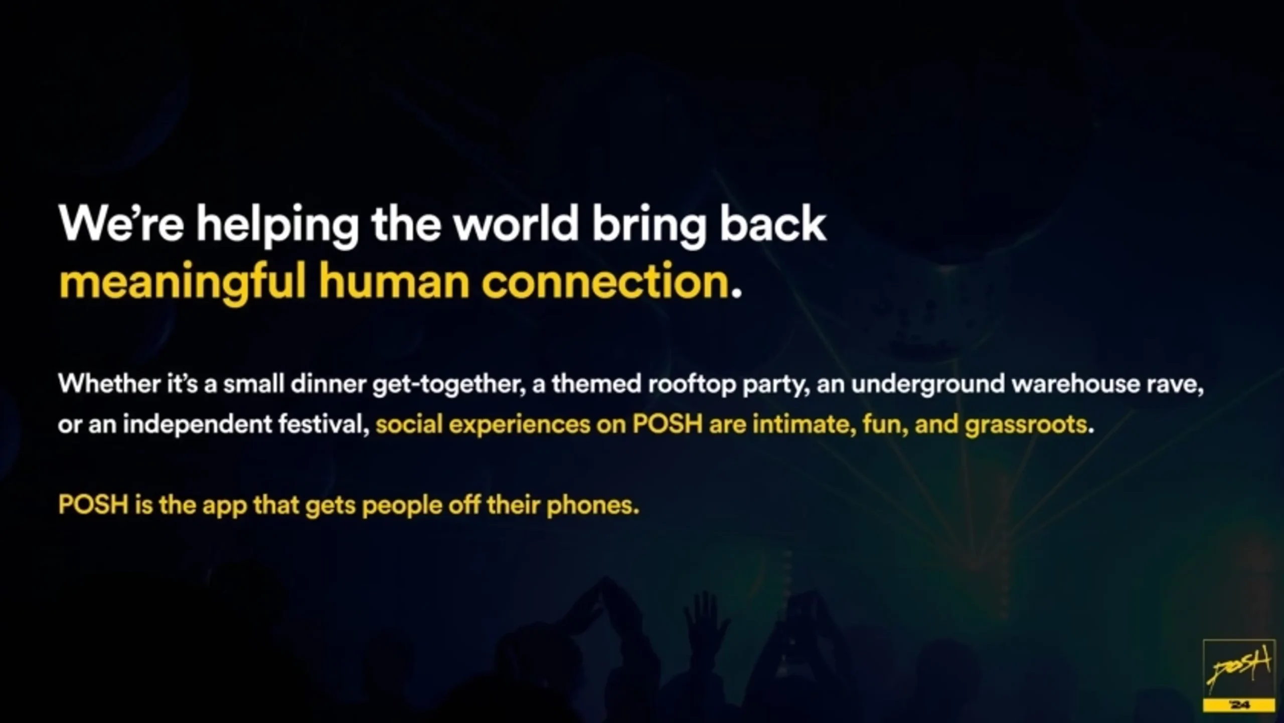 POSH slide with bold text highlighting meaningful human connection, set against a dark background with silhouettes of people at an event.