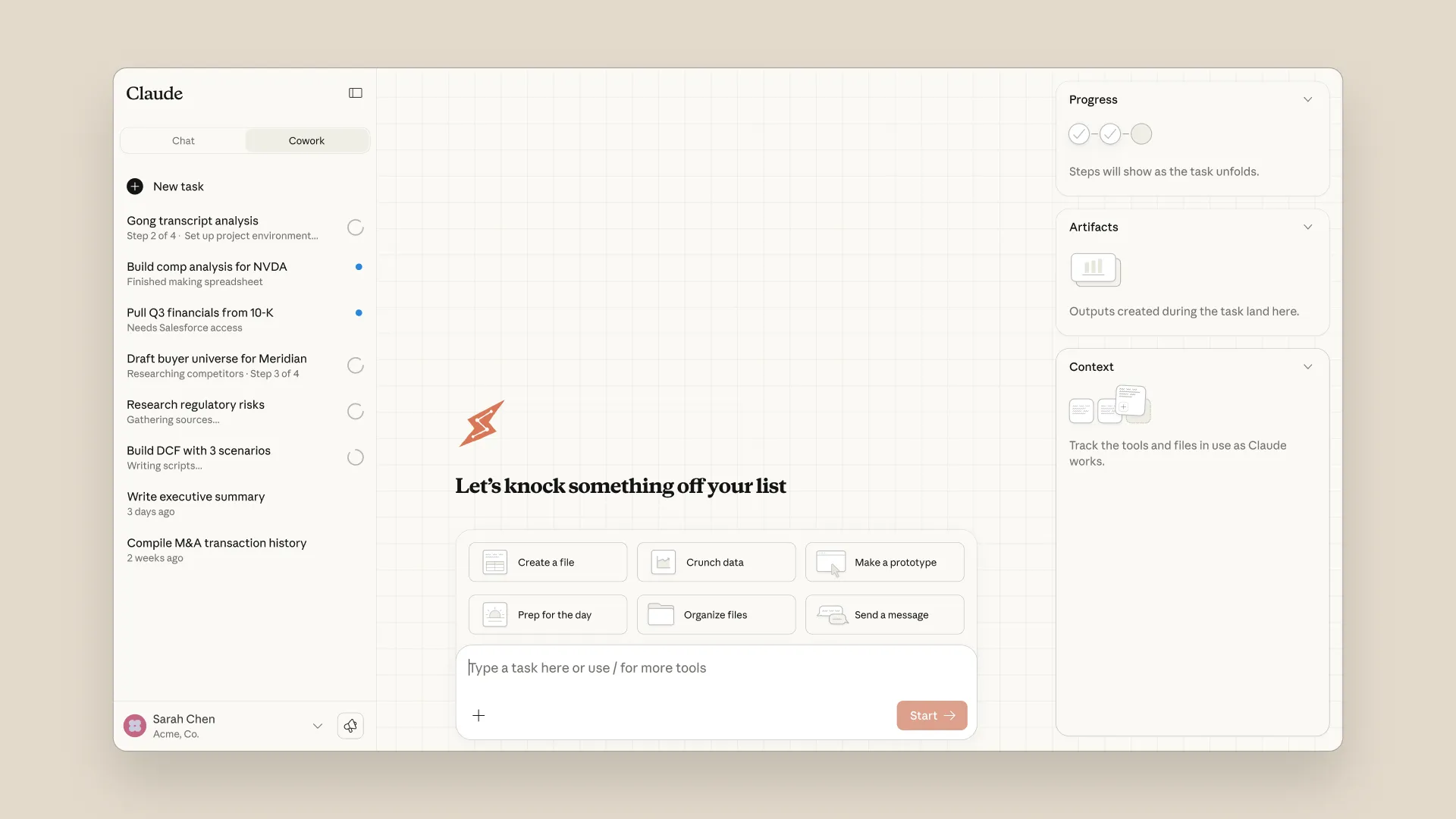 Claude AI Cowork interface showing a task-driven workspace with a list of active tasks, progress indicators, and tools for creating files, analyzing data, and organizing work.