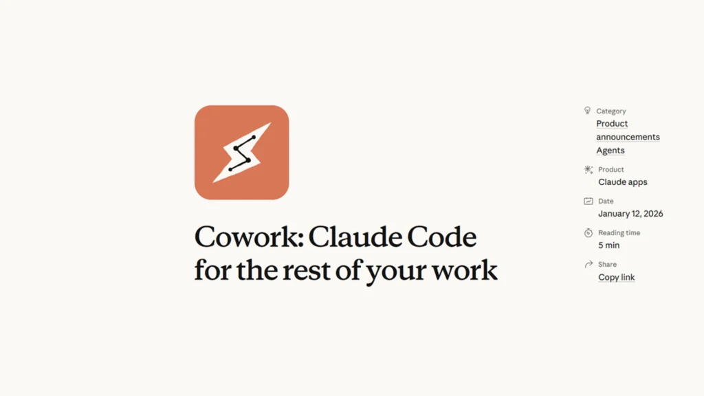 Minimalist product announcement screen for Claude Cowork, featuring a lightning-bolt icon and the headline “Cowork: Claude Code for the rest of your work,” with category and date metadata on the right.