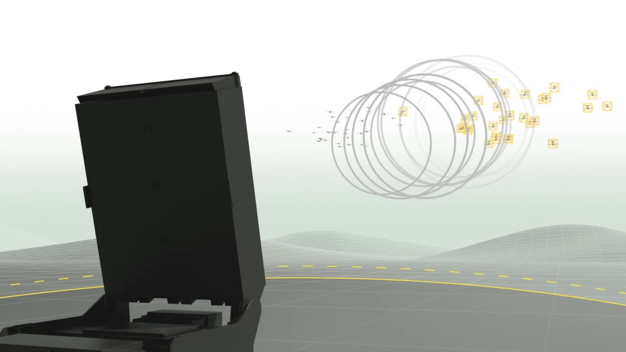 Rendering of Epirus defense system emitting energy waves to disable incoming drone swarm