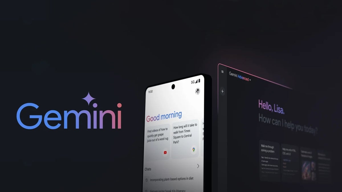The Gemini AI App Personalized Intelligence Across Devices – Tumisang Bogwasi Gemini AI mobile app and Gemini Advanced web interface on dark background, displaying personalized user greetings and queries.