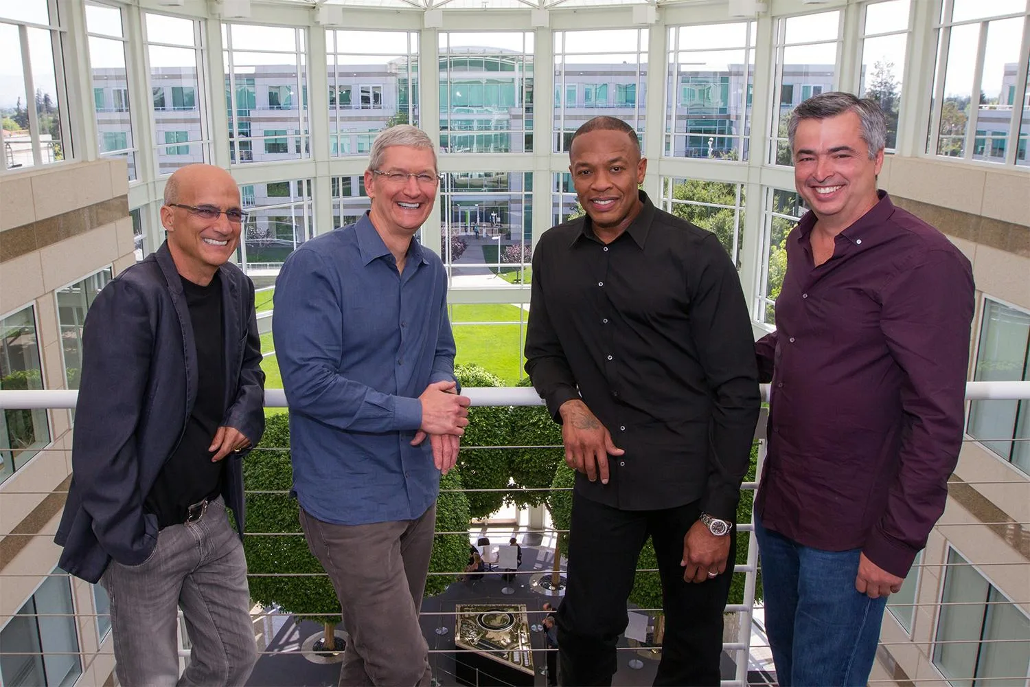 Beats by Dre Acquisition Meeting at Apple 2014 – Tumisang Bogwasi Jimmy Iovine, Tim Cook, Dr. Dre, and Eddy Cue stand together inside Apple’s headquarters during the 2014 Beats by Dre acquisition meeting.