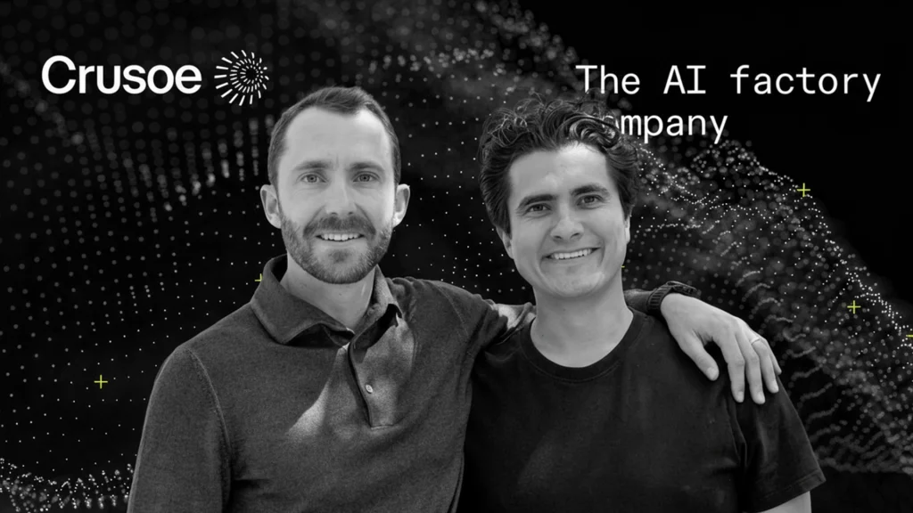 Cully Cavness and Chase Lochmiller, co-founders of Crusoe, standing together in a black-and-white portrait with a digital, data-inspired background.