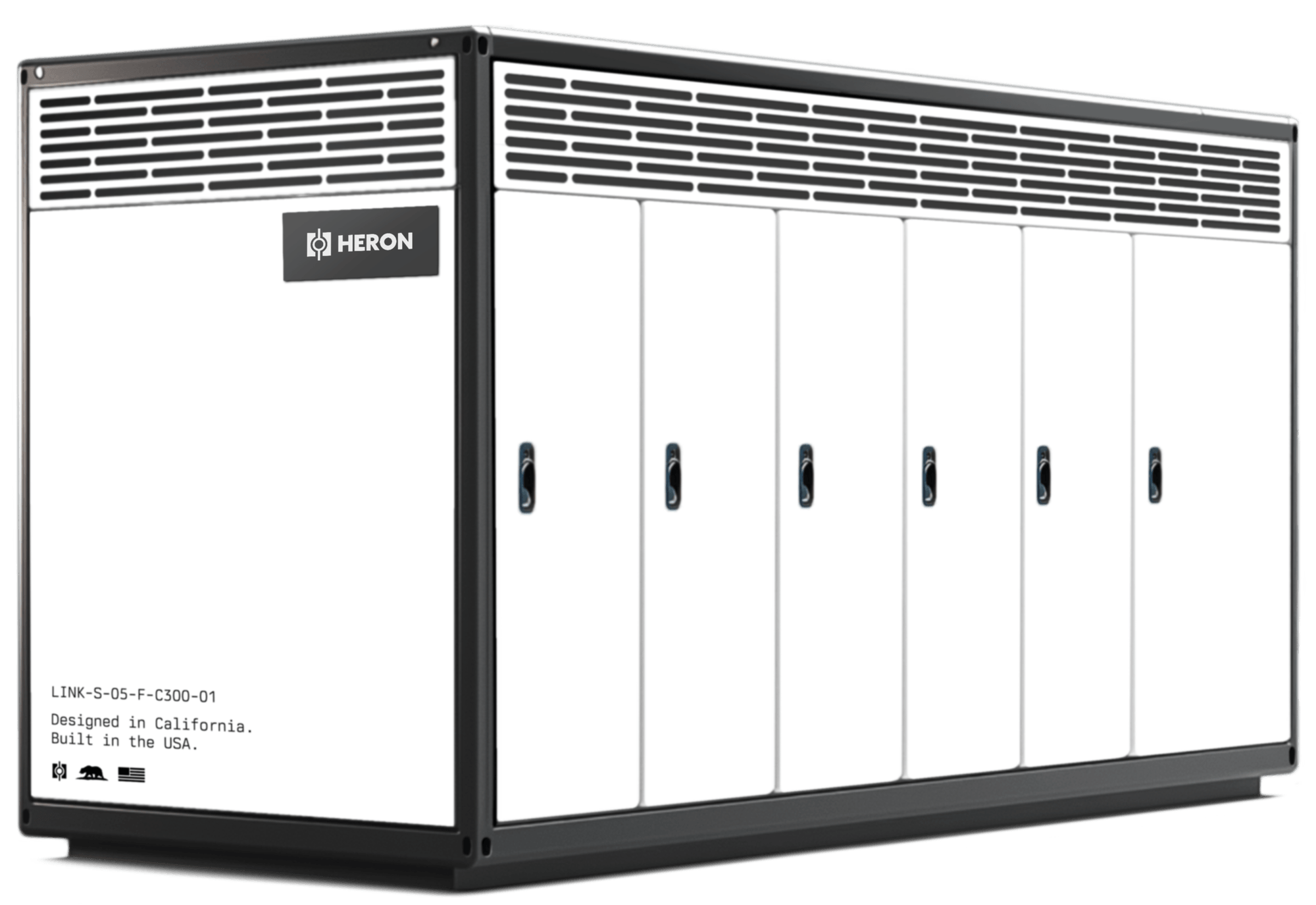 A large white and black Heron LINK energy storage unit with multiple front access panels and ventilation grilles, labeled “Designed in California. Built in the USA.”