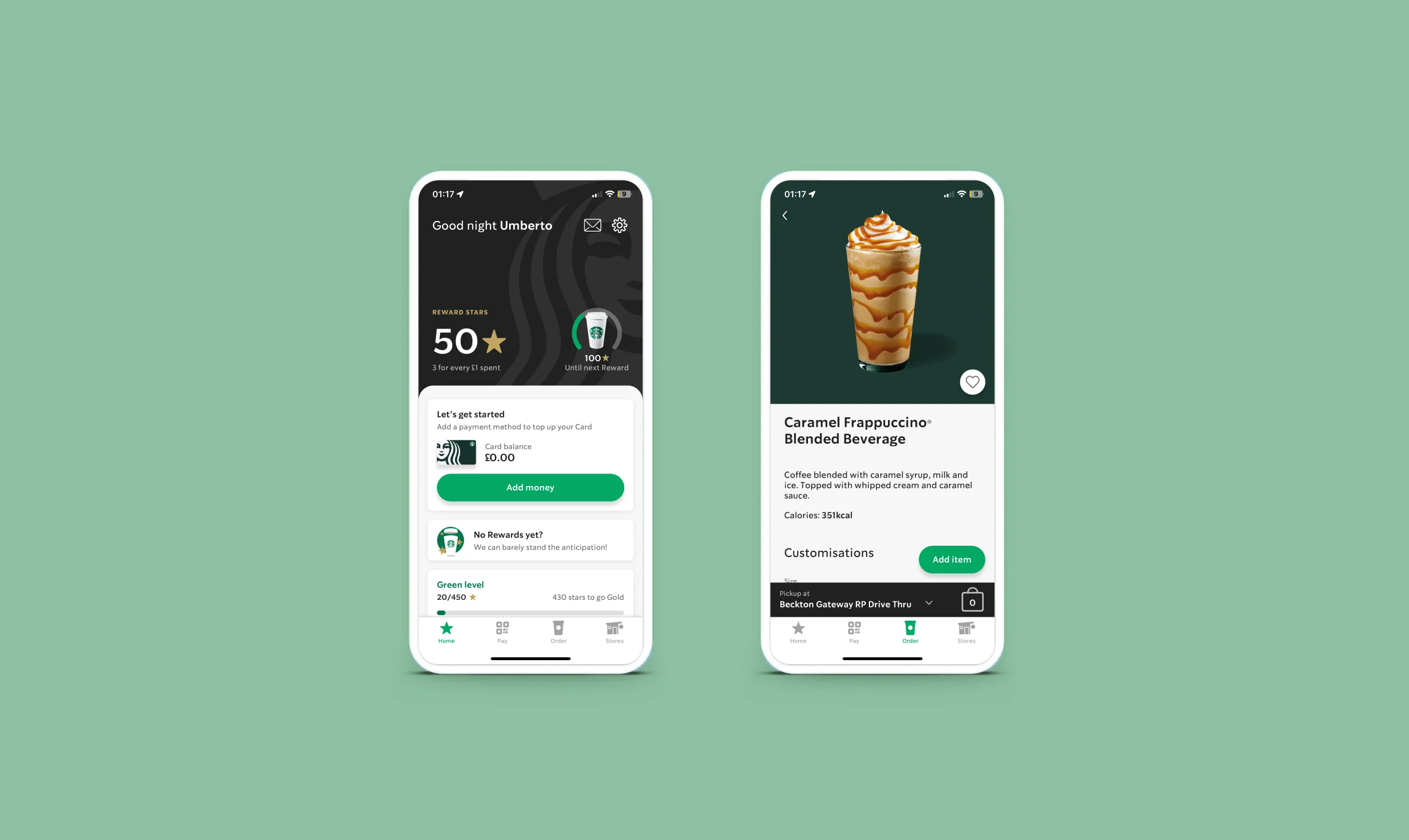Two smartphone mockups showing the Starbucks app interface, one displaying rewards points and account balance, the other showing a Caramel Frappuccino product page with ordering options.