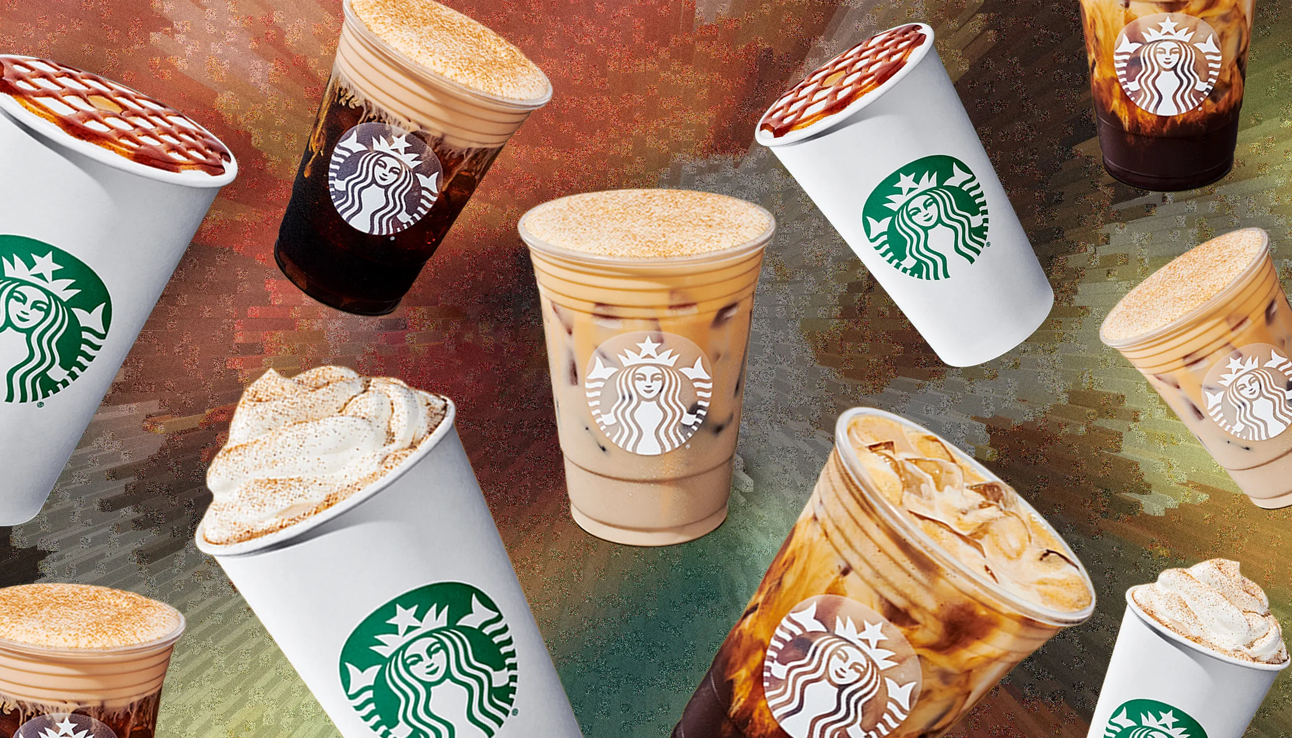 Multiple Starbucks hot and iced drinks in branded cups arranged against a colorful textured background, including lattes and iced coffee beverages topped with foam and caramel drizzle.