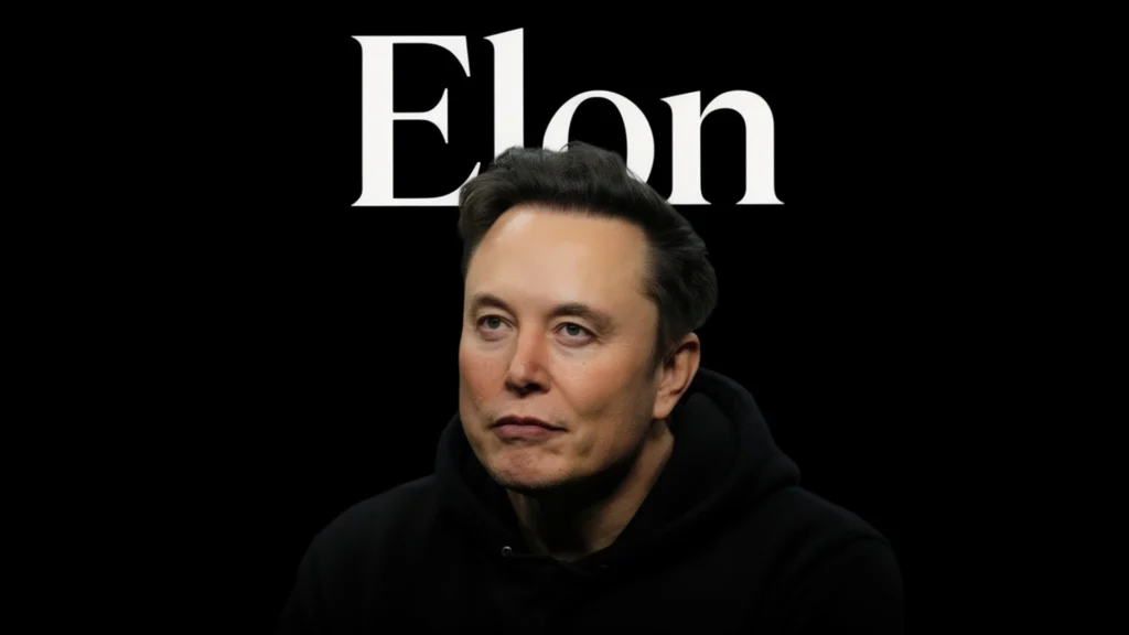 Elon Musk in a Moment of Focus – Tumisang Bogwasi Elon Musk wearing a black hoodie, looking upward with a thoughtful expression in a dimly lit setting.