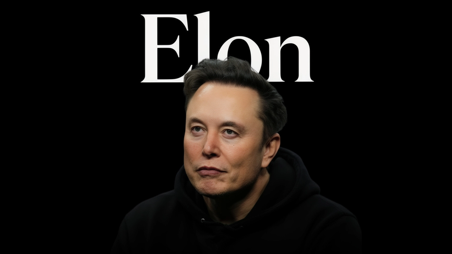 Elon Musk wearing a black hoodie, looking upward with a thoughtful expression in a dimly lit setting.