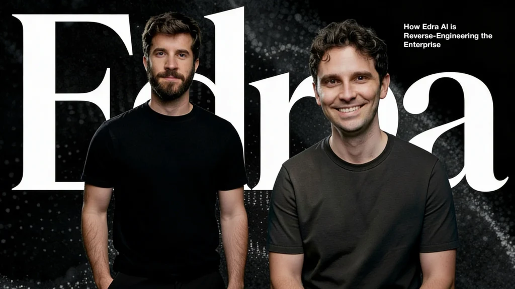 Eugen Alpeza and Yannis Karamanlakis, founders of Edra, standing in front of a dark background with large Edra typography and AI-themed design elements.