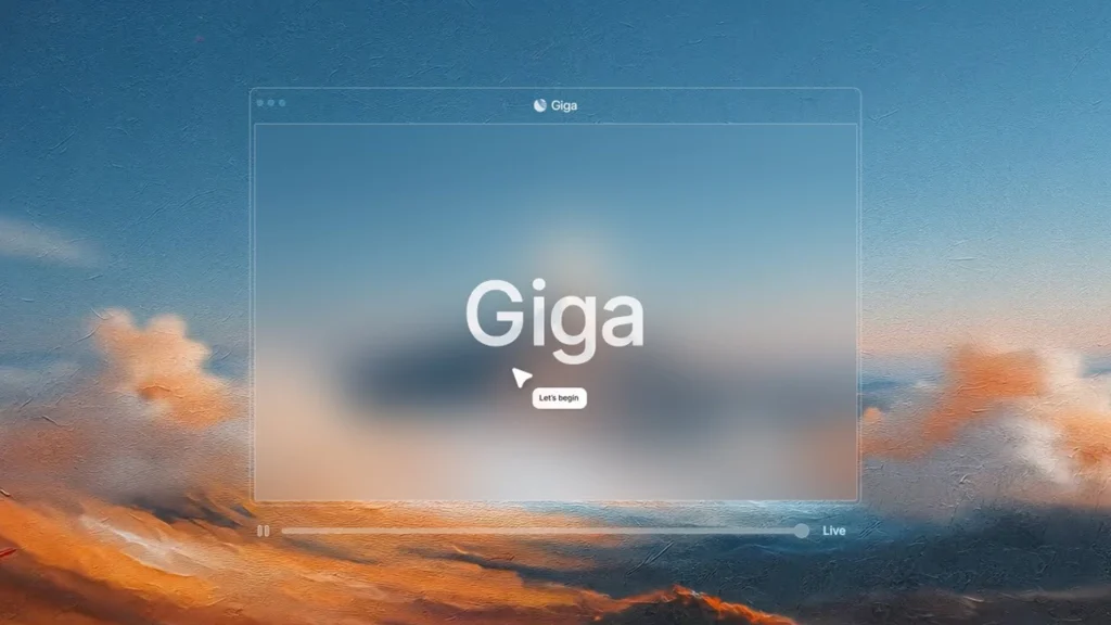 Giga Platform Interface AI-Powered Digital Experience – Tumisang Bogwasi A minimalist user interface labeled “Giga” displayed on a translucent screen overlay, with a “Let’s begin” button and a soft sky background.