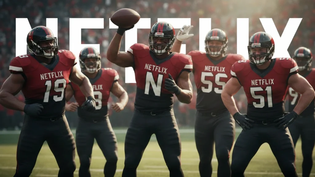 Netflix High-Performance Team Poster – Tumisang Bogwasi American football players in red and black uniforms with “Netflix” branding, standing on a field with the word “NETFLIX” in large letters behind them.