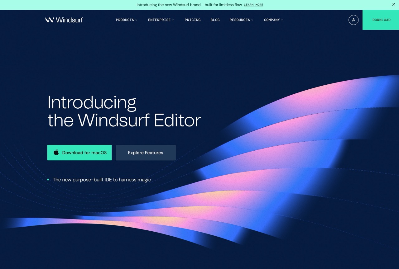 Screenshot – Tumisang Bogwasi Windsurf website homepage showcasing the Windsurf Editor with download button and abstract gradient wave design on a dark background.