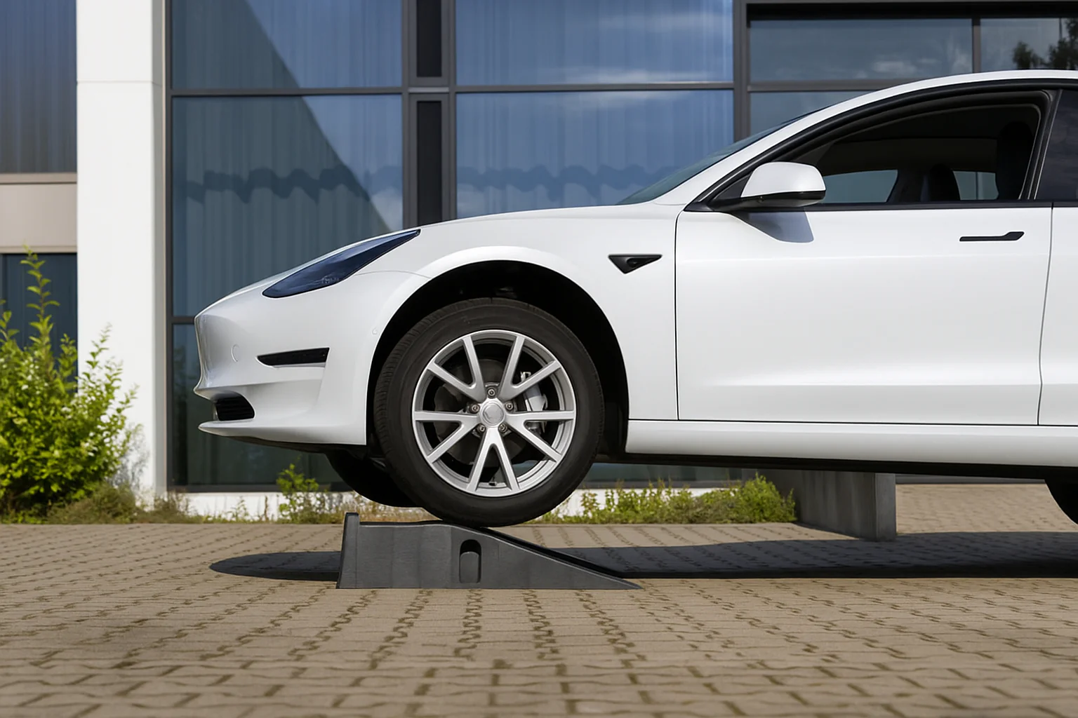 Electric Vehicle Demonstrates Ramp Clearance Capability – Tumisang Bogwasi White electric car with front wheel on a small ramp outside a modern building, demonstrating clearance and suspension.