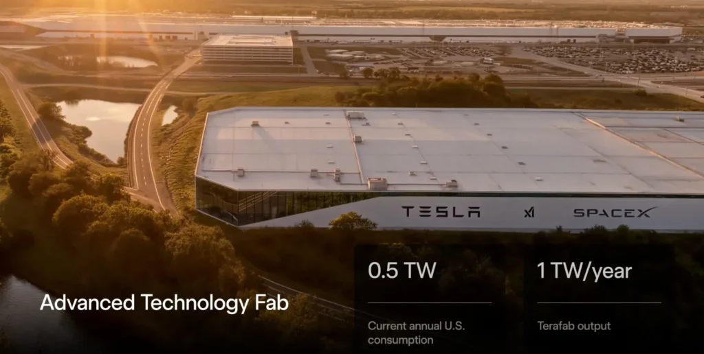 Advanced Technology Fab Facility with Tesla xAI SpaceX Branding – Tumisang Bogwasi Large factory complex with Tesla xAI and SpaceX logos seen from above at sunset with surrounding roads and water.