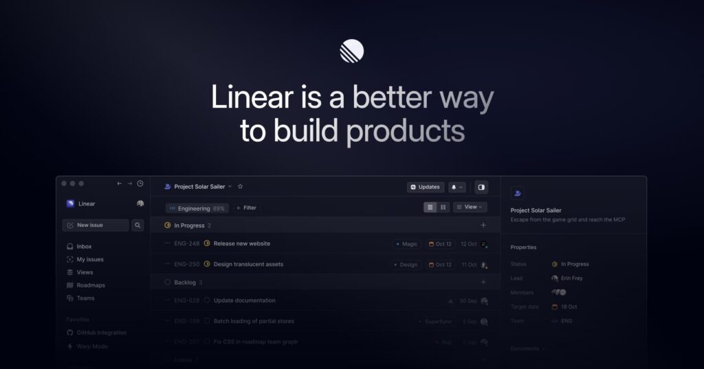 Dark-themed Linear software interface with the headline “Linear is a better way to build products” above a project management dashboard.