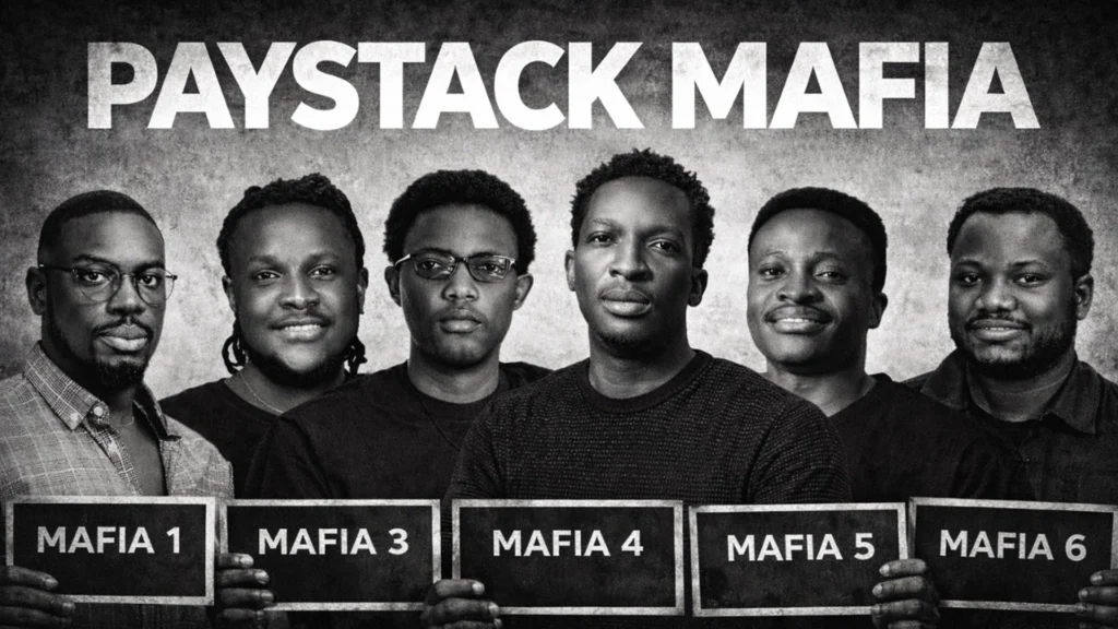 Paystack Mafia Founder Network Portrait – Tumisang Bogwasi Black-and-white poster-style image of six men under the title “Paystack Mafia,” with several holding placards labeled “Mafia 1,” “Mafia 3,” “Mafia 4,” “Mafia 5,” and “Mafia 6.”