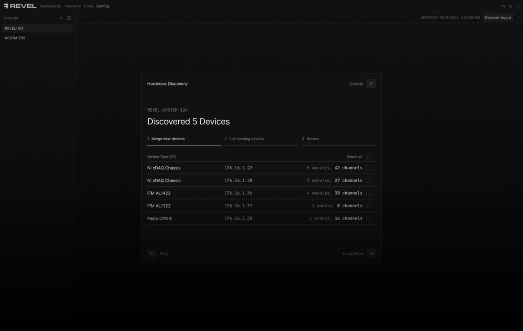 Revelio Hardware Discovery Interface Dashboard – Tumisang Bogwasi A dark-themed software dashboard showing a hardware discovery screen with a list of detected devices, modules, and channels.