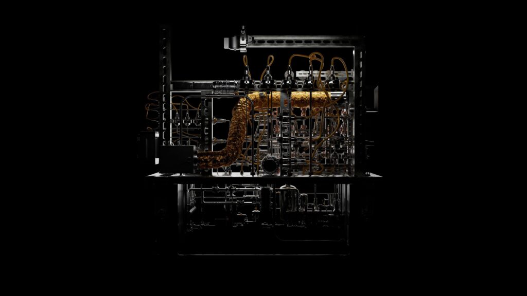 Revelio Industrial Hardware System Visualization – Tumisang Bogwasi A detailed industrial machine with pipes, wiring, and metallic components, highlighted with illuminated sections against a dark background.