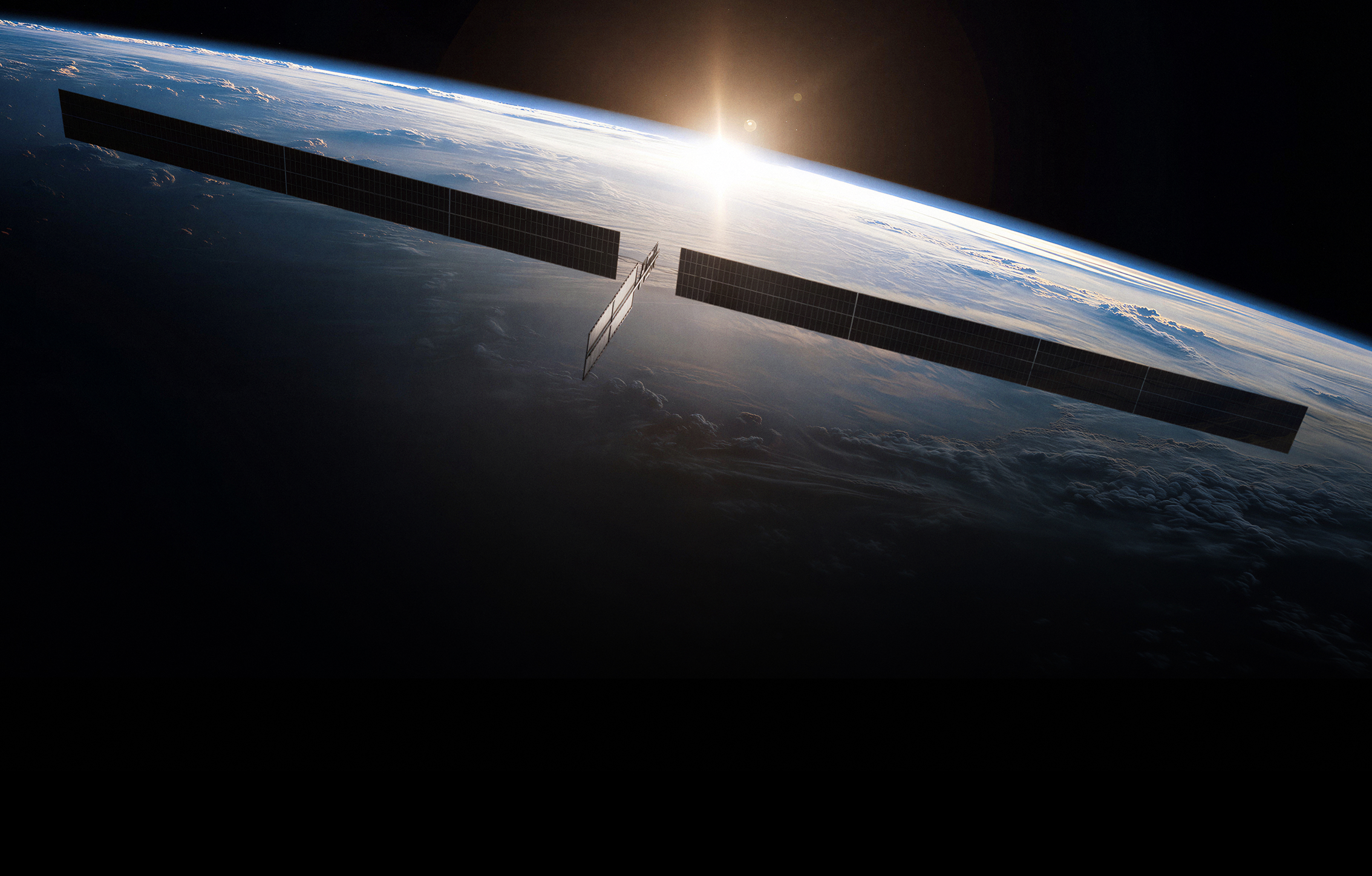 Satellite Orbiting Earth at Sunrise – Tumisang Bogwasi Satellite with long solar panels flying above Earth with sunrise visible on the horizon in space.