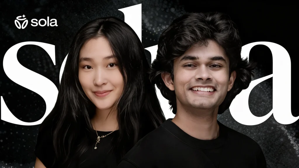 Portrait of Jessica Wu and Neil Deshmukh with Sola AI branding in the background.