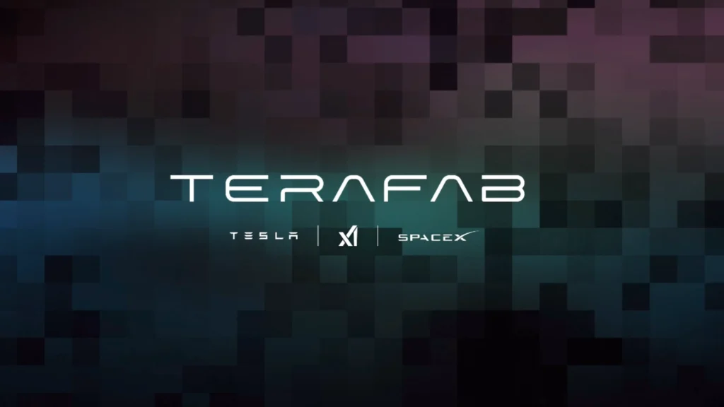 Terafab Branding with Tesla xAI and SpaceX – Tumisang Bogwasi Terafab logo with Tesla, xAI, and SpaceX text on a dark pixelated digital background.