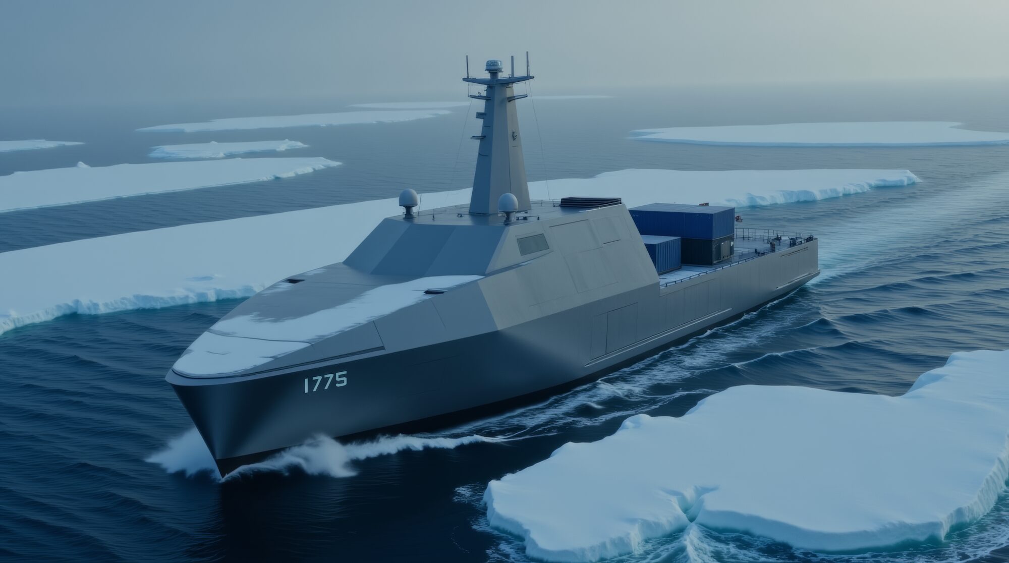 Blue Water Autonomy Ship Navigating Arctic Waters – Tumisang Bogwasi Modern autonomous military style ship sailing through Arctic ocean ice with the number 1775 on the hull.