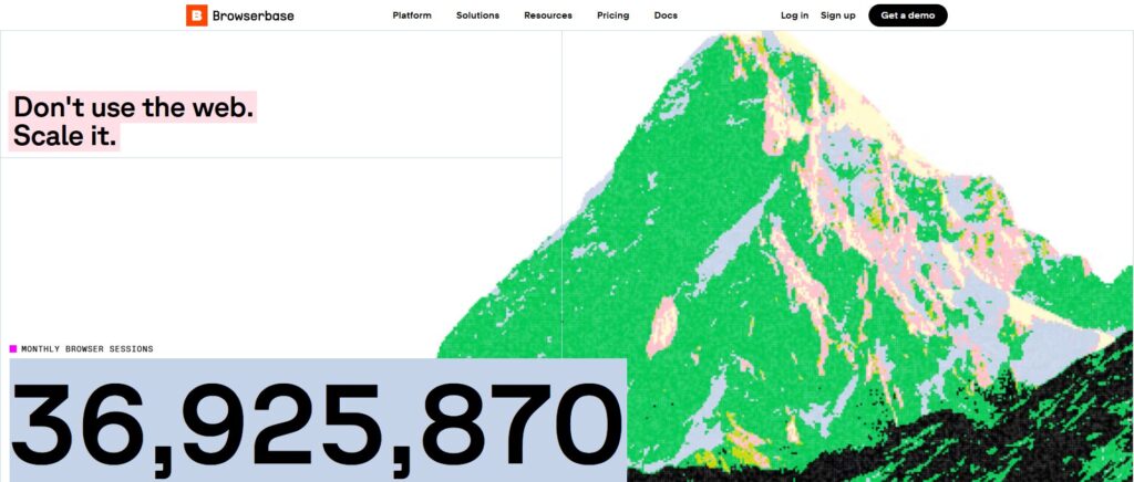 Browserbase CTA Scale the Web Message – Tumisang Bogwasi Browserbase website CTA showing Don't use the web Scale it with a large monthly browser sessions number displayed.