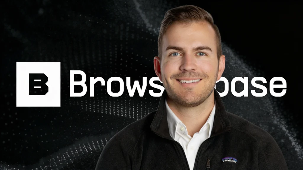 Paul Klein IV Portrait with Browserbase Branding – Tumisang Bogwasi Paul Klein IV smiling in front of Browserbase logo with dark digital background.