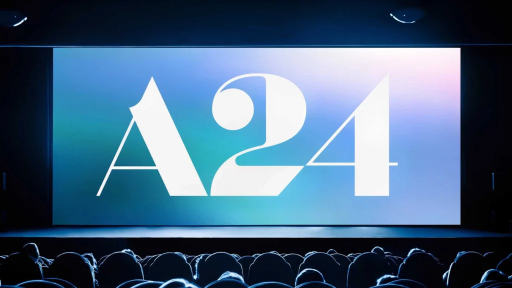 A24 Logo Displayed on a Cinema Screen – Tumisang Bogwasi Large A24 logo projected onto a cinema screen with an audience seated in front of it inside a dark movie theater.