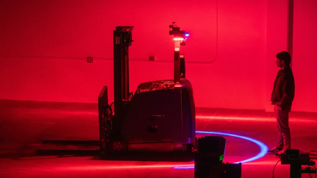 Cavalla Autonomous Forklift Demonstrates AI-Powered Warehouse Automa – Tumisang Bogwasi Autonomous forklift from Cavalla.ai operating in a warehouse test environment illuminated by red lighting, with an observer monitoring its movements.