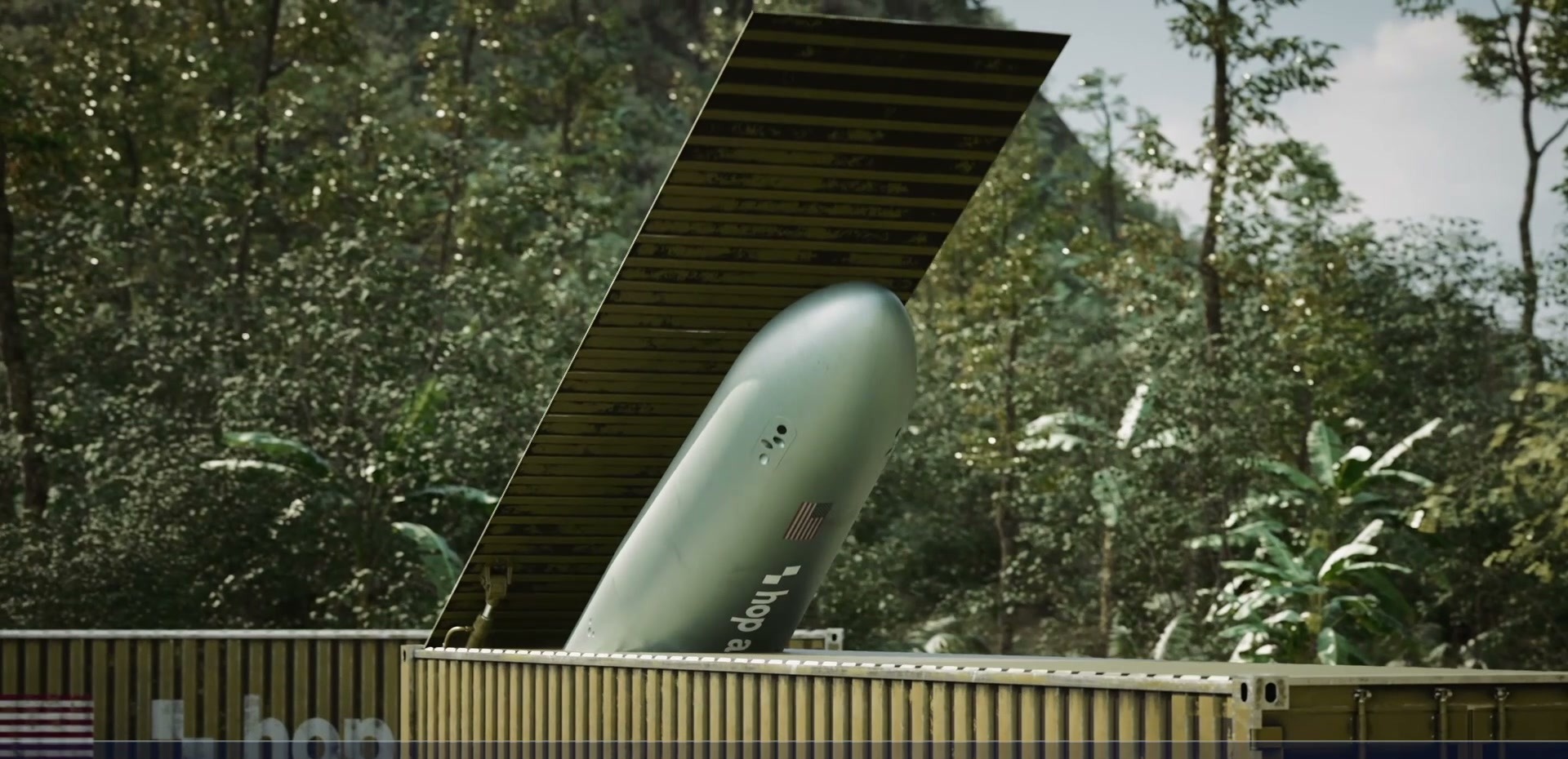 Rook rocket emerging nose-first from an open shipping container, surrounded by forest