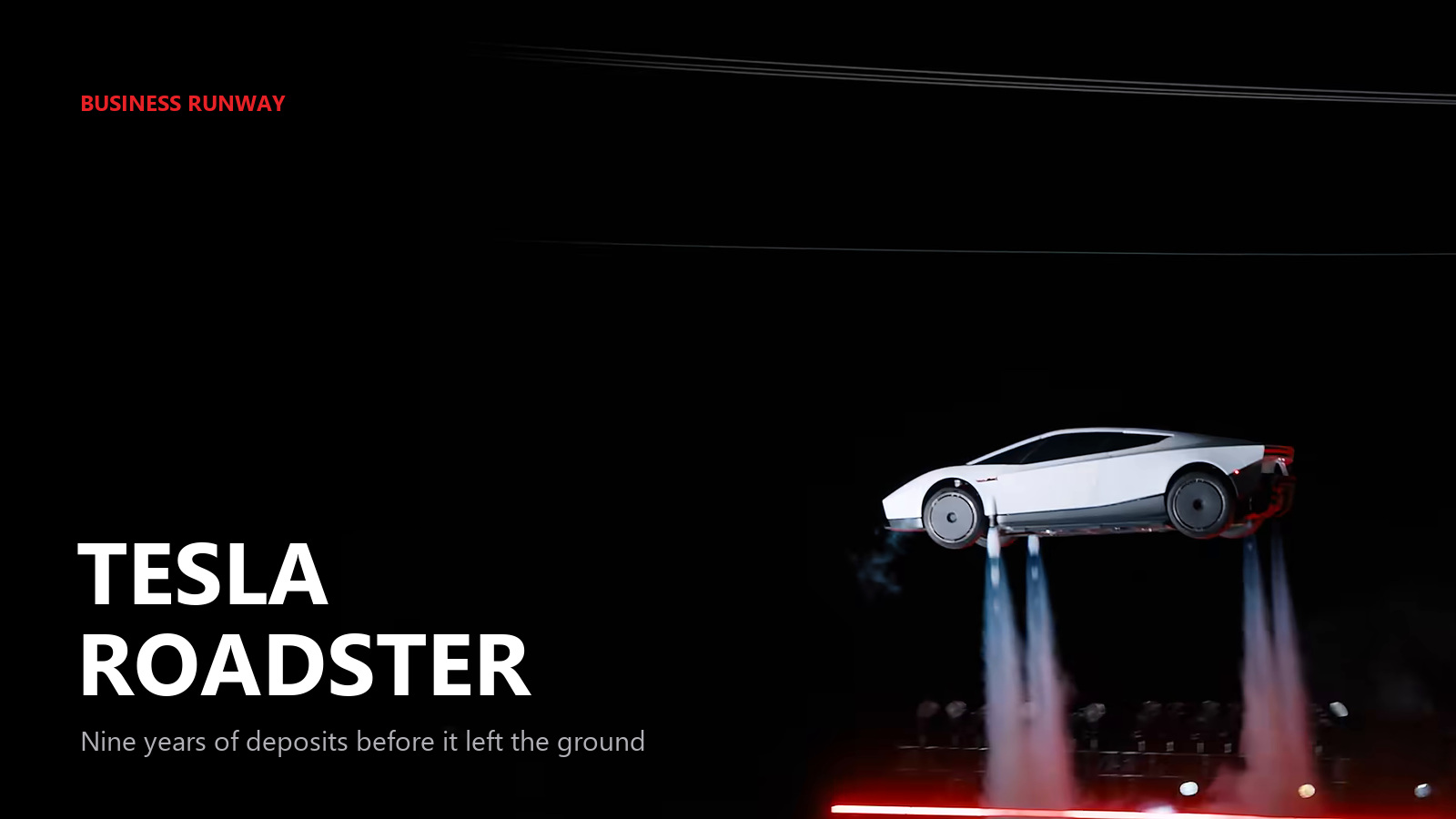 The white Tesla Roadster demo car hovering above the ground on four thruster plumes at night, at SpaceX's McGregor test site, beside the words Tesla Roadster